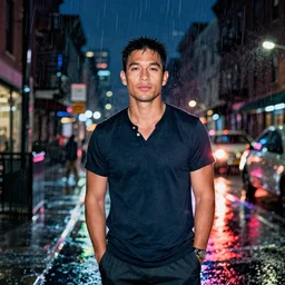 night flash portrait photography of jason momoa on a rainy night on the lower east side by annie leibovitz, shutter speed 2 seconds, raining!!!, colorful!!, nighttime!!,