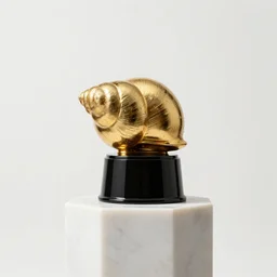 golden snail award trophy on top of a marble pillar, white background, soft lighting