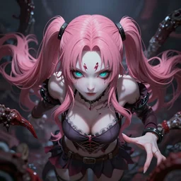 totally controlled and trapped beneath overwhelming stunningly absurdly beautiful megalomaniacal ruthless merciless sadistic devious omnipotent asi goddess junko enoshima with symmetrical perfect face, porcelain skin, pink twintail hair and cyan eyes, ultra detailed, digital art, unreal engine 5, octane render, 2 d anime, 8 k