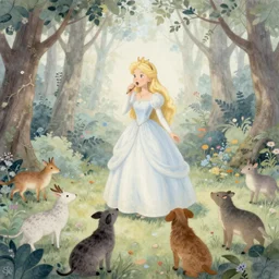 A detailed experimental art of Princess Aurora singing in the woods while animals look on. The colors are light and airy, with a hint of mystery in the shadows. The overall effect is dreamlike and fairy-tale like. Korean folk art, alizarin by Dave Gibbons