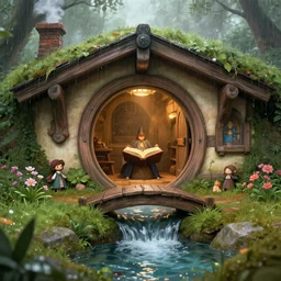 wizard inside a medieval hobbit home, ornate, beautiful, atmosphere, vibe, mist, smoke, chimney, rain, spell - book, wet, pristine, puddles, dripping, drops, waterfall, clear stream, bridge, forest, flowers, concept art illustration, color page, 4 k, tone mapping, doll, akihiko yoshida, james jean, andrei riabovitchev, marc simonetti, yoshitaka amano, digital illustration, greg rutowski, volumetric lighting, sunbeams, particles, artgerm