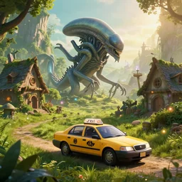 xenomorph taxi car in a fantasy village, calming, uplifting mood, ultra realistic, farm, small buildings, highly detailed, atmosphere, masterpiece, epic lighting, elves, green plants, magic, illuminated, 4 k, cinematic, morning sun, art by eddie mendoza