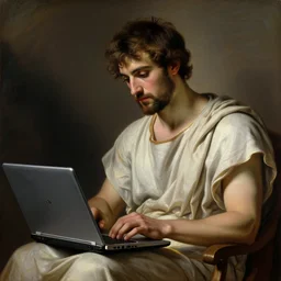 ancient greek painting of a man reading wikipedia on a laptop
