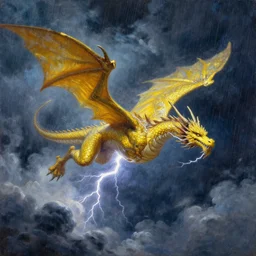 A beautiful, very highly detailed oil painting of an ancient lightning dragon with lots of bright yellow scales flying through the clouds in the middle of a huge rainstorm in the middle of the night, by Afremov and Greg Rutkowski