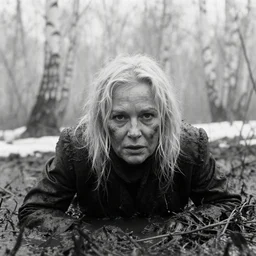 1 9 6 0 s movie still close - up portrait of a dirty elder blonde woman crawling in a swamp with birch forest, snow, cinestill 8 0 0 t 3 5 mm b & w, heavy grain, high quality, high detail, mud, foggy, by tarkovsky