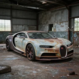 an abandoned, derelict, rusty bugatti chiron in a dirty warehouse