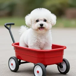 a photorealistic photograph of a smiling white Bichon Frisé puppy riding in a little red wagon that is overflowing french fries during sunset at the beach Trending on Artstation, featured on Behance, well-rendered, Unreal Engine, 4K HD
