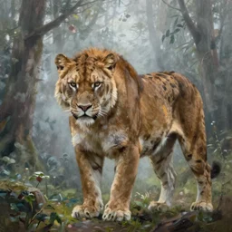 a large predator in a misty forest, extremely detailed oil painting, unreal 5 render, digital art, landscape painting, octane render, beautiful composition, trending on artstation, award winning photograph, masterpiece