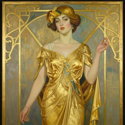 a painting of a woman in a golden dress, an art deco painting by Craig Davison, featured on cgsociety, fantasy art, pre-raphaelite, rococo, reimagined by industrial light and magic