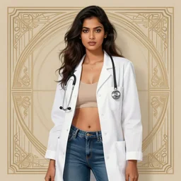 sensual pale beautiful indian doctor in jeans with stethoscope, art deco portrait, elegant, intricate, digital painting, artstation, concept art, smooth, sharp focus, illustration, art by artgerm and greg rutkowski and alphonse mucha