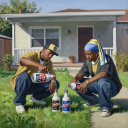 a beautiful painting of los angeles crip gang members pouring colt 4 5 malt liquor on the ground in honor of a dead homie, front porch of a home in compton california, low angle, green grass, westside, midday, in the style of vermeer