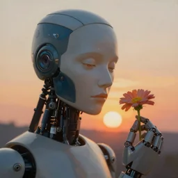 surrealistic painting portrait close up of robot holding a flower in hand, sunset backlight