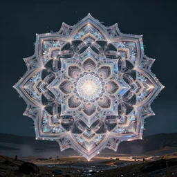 dream landscape, simulation, mandala pattern, glitch art, generative art, volumetric object, physical particles, translucence, cinematic lighting, iridescence, by ash thorpe