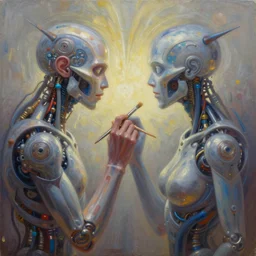 two Artificial Intelligence fighting with brushes on a canvas to create the most beautiful painting ever, oil painting, digital art, trending on artstation, highly detailed, 8k, luminous, biomechanical