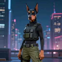 beautiful portrait commission of a female furry anthro doberman wearing a bullet proof vest and cargo pants. cyberpunk city at night in the rain. neon light. atmospheric. character design by charlie bowater, ross tran, artgerm, and makoto shinkai, detailed, inked, western comic book art
