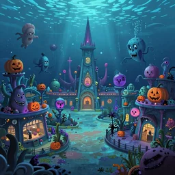 a horror based underwater suburb based on an underwater amusement park that incorporates halloween and ocean elements in its design imagery, halloween decorations, atlantis, amusement park, spooky, amusement park attractions, deep sea, horror themed, fun, colorful, in the style of stephen silver and genndy tartakovsky