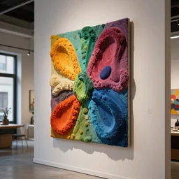 colorful abstract fuzzy sculpture art on the wall in modern architecture art studio soho new york, cinematic lighting, hyper - realistic, detailed, render by c 4 d octane, unreal engine, 8 k, 3 d render n - 9
