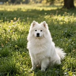 a samoyed dog sitting in the middle of sunny meadow, by Wally Wood