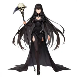 Full body character concept art of an anime female Drow necromancer, skull scythe, pretty face, long dark hair, by Stanley Artgerm Lau, WLOP, Rossdraws, James Jean, Andrei Riabovitchev, Marc Simonetti, and Sakimichan, tranding on artstation