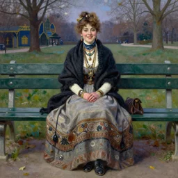 a detailed illustration of a woman sitting on a park bench, smiling, layered skirts, shawl, scarf, copious jewelry, twilight, painting by gaston bussiere, craig mullins, j. c. leyendecker