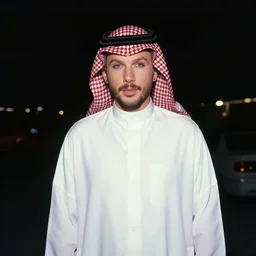 photo, taylor swift, handlebar mustache, saudi arabia, white clothing, ektachrome, portrait, mid shot, 5 0 mm,