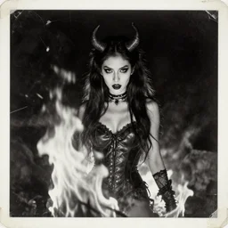 photo of demon girl in fire, old vintage photography, damaged photo, film artifacts, black and white, scratches, tears, hyperrealistic, ultra detailed, 4 k
