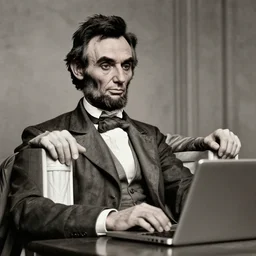 Portrait of Abraham Lincoln using a laptop, 1865