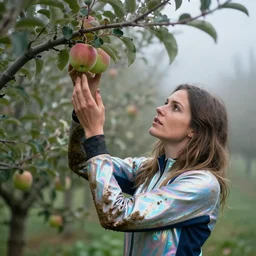 a closeup portrait of a woman wearing a muddy iridescent holographic ski suit, picking apples from a tree in an orchard, foggy, moody, photograph, by vincent desiderio, canon eos c 3 0 0, ƒ 1. 8, 3 5 mm, 8 k, medium - format print