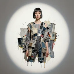 contemporary collage of a avant cyber girl, detailed, spotlight, minimal, paint drips, mixed media, paint splatter, muted colors, futuristic fashion clothing, rule of thirds, by john baldessari, max ernst, david maljkovic