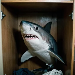 grainy photo of a great white shark as a creepy monster in a closet, harsh flash