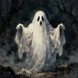 A very spooky ghost haunting discord and tugging, watercolor, dark background, foreboding, ominous