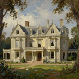 detailed painting of a Victorian Manor house, surrounded by woodland. Well lit, oil painting