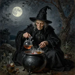 An old wrinkled witch dressed in black making potions in her cauldron under the moon light. Oil painting by Francisco de Goya.