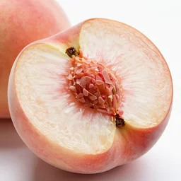 low angle extreme close up side view of a very juicy peach cut in half on a marble cutting board in a kitchen. warm studio lighting, structured, 8 k, 4 k, high quality
