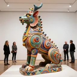 stunning colorful intriguing polished painted massive clay sculpture of a mythic animal by beth cavener in clean minimal style museum. + ellen jewett, beth cavener, sayaka ganz, edouard martinet, john o'reilly and judith klausner