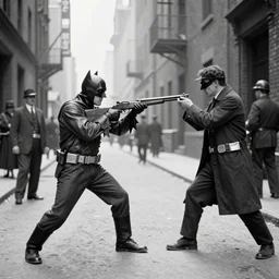 old black and white photo, 1 9 2 5, depicting batman fighting a gangster in an alley of new york city, tommy gun, rule of thirds, historical record