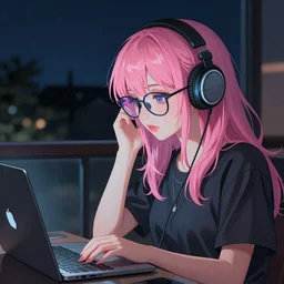 beautiful girl with pink hair and glasses, working on her laptop, listening to music, lofi, night time, sharp focus, intricate, digital painting, artstation, official media, anime key visual, highly detailed, rich vivid colors ambient lighting, illustration, art by Artgerm, Makoto Shinkai, Ilya Kuvshinov, Lois Van Baarle and Rossdraws