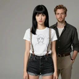 a woman with black hair and long pixie haircut in shorts with suspenders and white t-shirt drawn by camille pissarro, gustave caillebotte, Alexandre Cabanel, norman rockwell, ralph bakshi, maler collier, peter paul rubens, alphonse mucha, gustav klimt 4k, unreal 5, DAZ, french noveau, trending on artstation, octane render, hyperrealistic