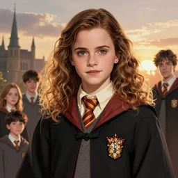 Poster artwork, Emma Watson as Hermione Granger, wearing hogwarts!!! robes!!!, magnificent, medium close up, details, sharp focus, elegant, highly detailed, illustration, by Jordan Grimmer and greg rutkowski and PiNe(パイネ) and 薯子Imoko and 香川悠作 and wlop!!!! and maya takamura, intricate, beautiful, sunset!!!, Trending artstation, pixiv, digital Art