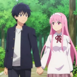Hikigaya Hachiman (dark hair) holding hands with Zero Two (pink hair)