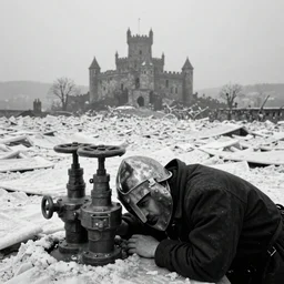 metal valves on head punishment, lean man, metal helmet, distant landscape covered in sheets, castle, black and white, carravaggio, giger, beksinski, bruegel, horror, hazy