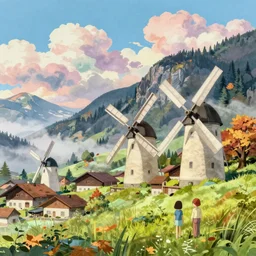 memorable animation key shot, illustration, paper texture, staubbach fall, lauterbrunnen village, savonius windmills, by mandy jurgens, by satoshi kon, ilya repin, lena aenami, shinji kimura, daylight pastel color palette, vibrant clouds, grass, mist