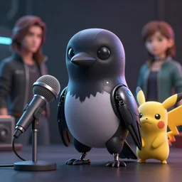 high quality 3 d render very cute cyborg crow! next to microphone!, cyberpunk highly detailed, unreal engine cinematic smooth, in the style of blade runner & detective pikachu, hannah yata charlie immer, moody light, low angle, uhd 8 k, sharp focus