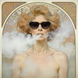 aesthetic portrait of a armless mature woman wearing sunglasses surrounded by thick vape clouds, minimalistic art, hyperdetailed detailed, by Alphonse Mucha, Ayami Kojima, Amano, Charlie Bowater, Karol Bak, Greg Hildebrandt, Jean Delville and Mark Brooks, Art Nouveau, Neo-Gothic, gothic, pastel colors award winning painting