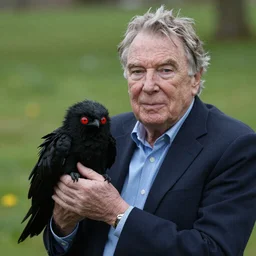 Sir David Attenborough holding a small black Mothman with glowing red eyes