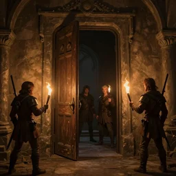 an open door leading to another room, with darkness beyond the door, while holding torches, a group of 4 adventures in the photo, in a dungeons and dragons setting, artstation, artgerm, greg rutkowski, 8 k,