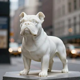 a marble statue of a bulldog stands in the middle of New York, bokeh