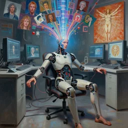 a hyperrealistic painting of a human cyborg sitting in a chair with limbs stretched out, tied with electrical cables connected to supercomputers, flood of images flowing from his head, tesseract, vitruvian man, by greg rutkowski and artgerm, trending on artstation, concept art, insane details, zoomed out