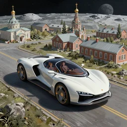 futuristic lada flying car on the street of a Russian sleeping quarters on the moon, Norilsk, sci-fi, fantasy, intricate, very very beautiful, elegant, highly detailed, digital painting, artstation, concept art, smooth, sharp focus, illustration, art by artgerm and greg rutkowski and alphonse mucha
