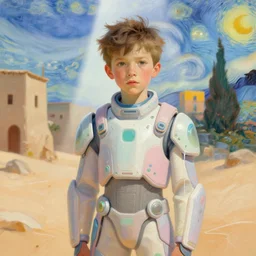 portrait of a beautiful boy in a desert town, futuristic clothes, pastel colors, beautiful face, rule of thirds, spotlight, drips of paint, expressive, passionate, by mandy jurgens, by vincent van gogh, digital painting